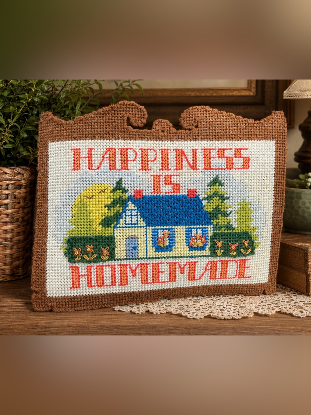 Vintage Needlepoint “Happiness Is Homemade” Wall Hanging 14x11 Handmade